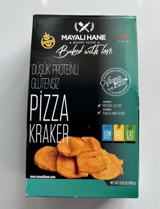 Box of Mayali Hane low-protein, gluten-free pizza crackers with black and green packaging.