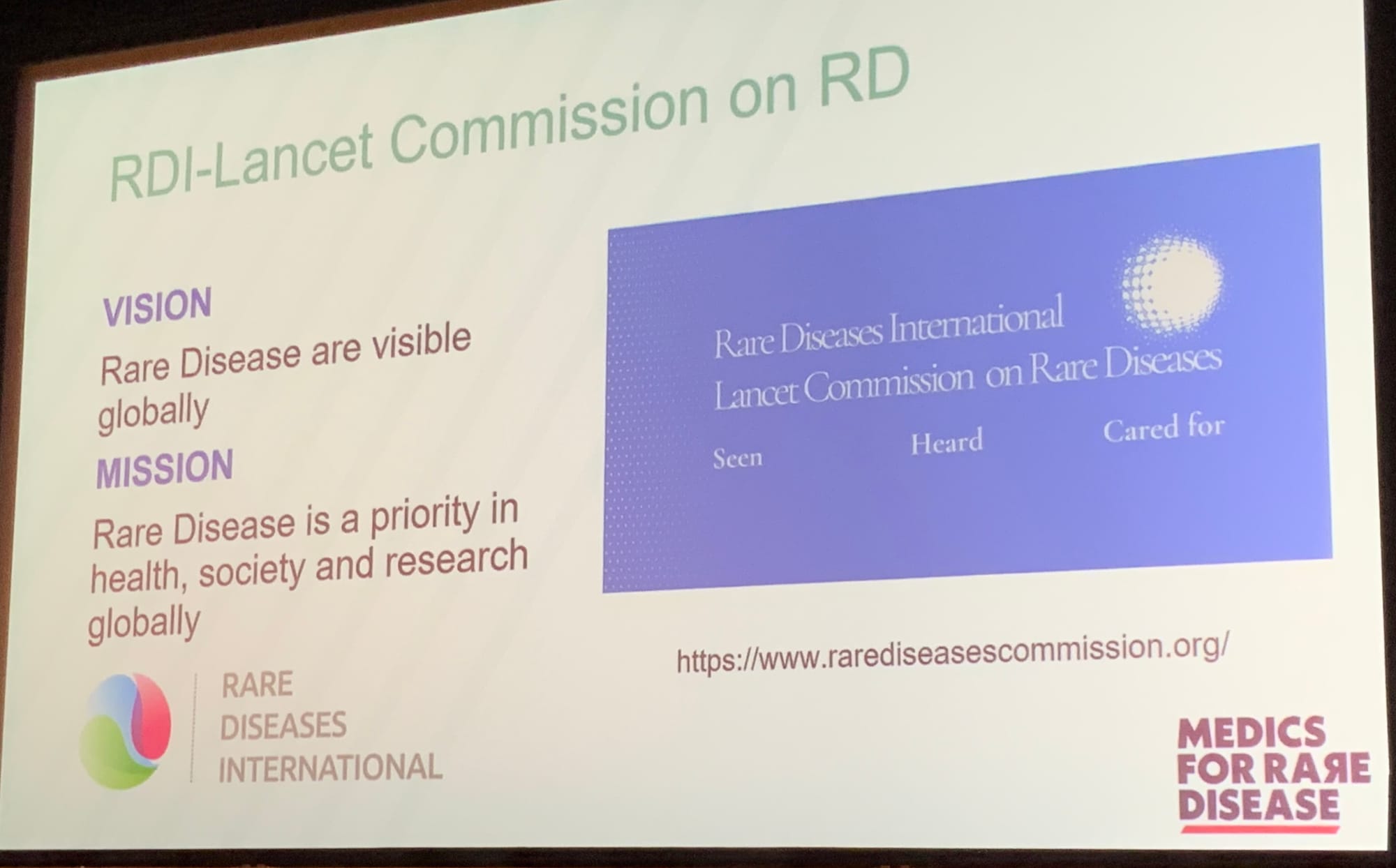 Powerpoint slide with heading "RDI-Lancet Commission on RD. Vision: Rare Diseases are visible globally".
