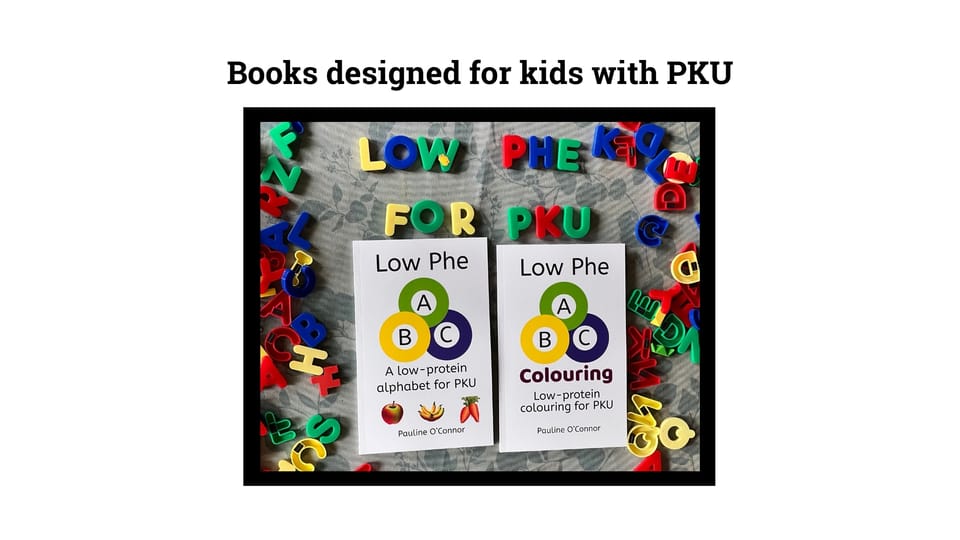 Cover of 'Low Phe ABC: A Low Protein Alphabet for PKU,' illustrated with colourful icons and surrounded by magnetic letters with the text "Low Phe for PKU"