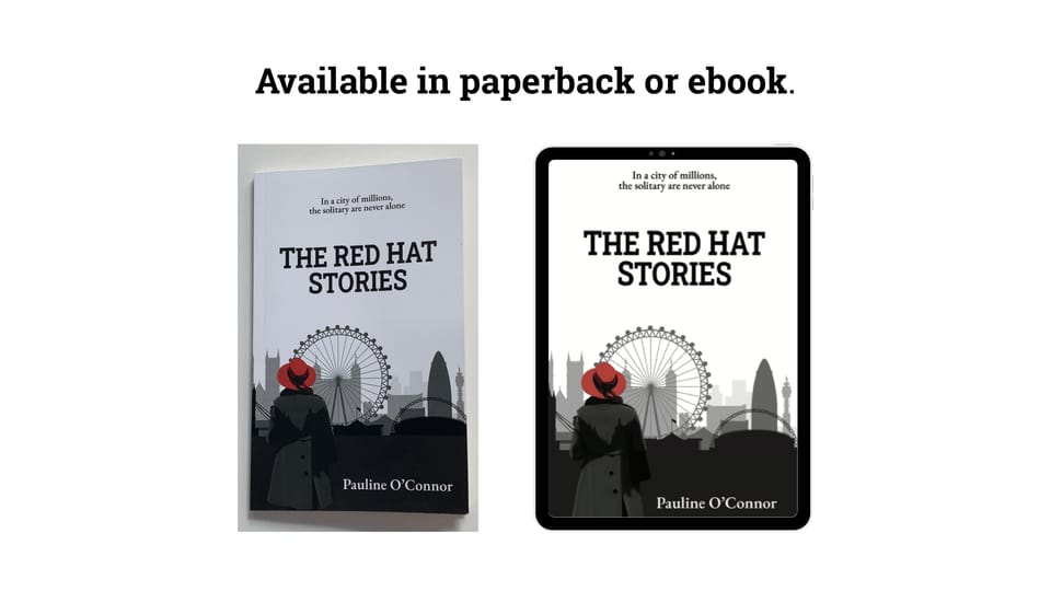 Paperback and ebook cover featuring a woman in a red hat standing in front of the London skyline. Text reads 'available in paperback or ebook.'